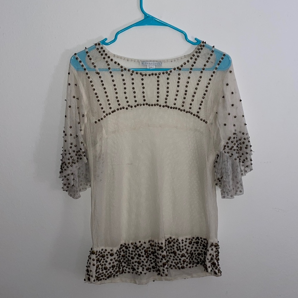 💕 SOLD Anthropologie White Mesh Top with Metal Beading - Picture 2 of 9